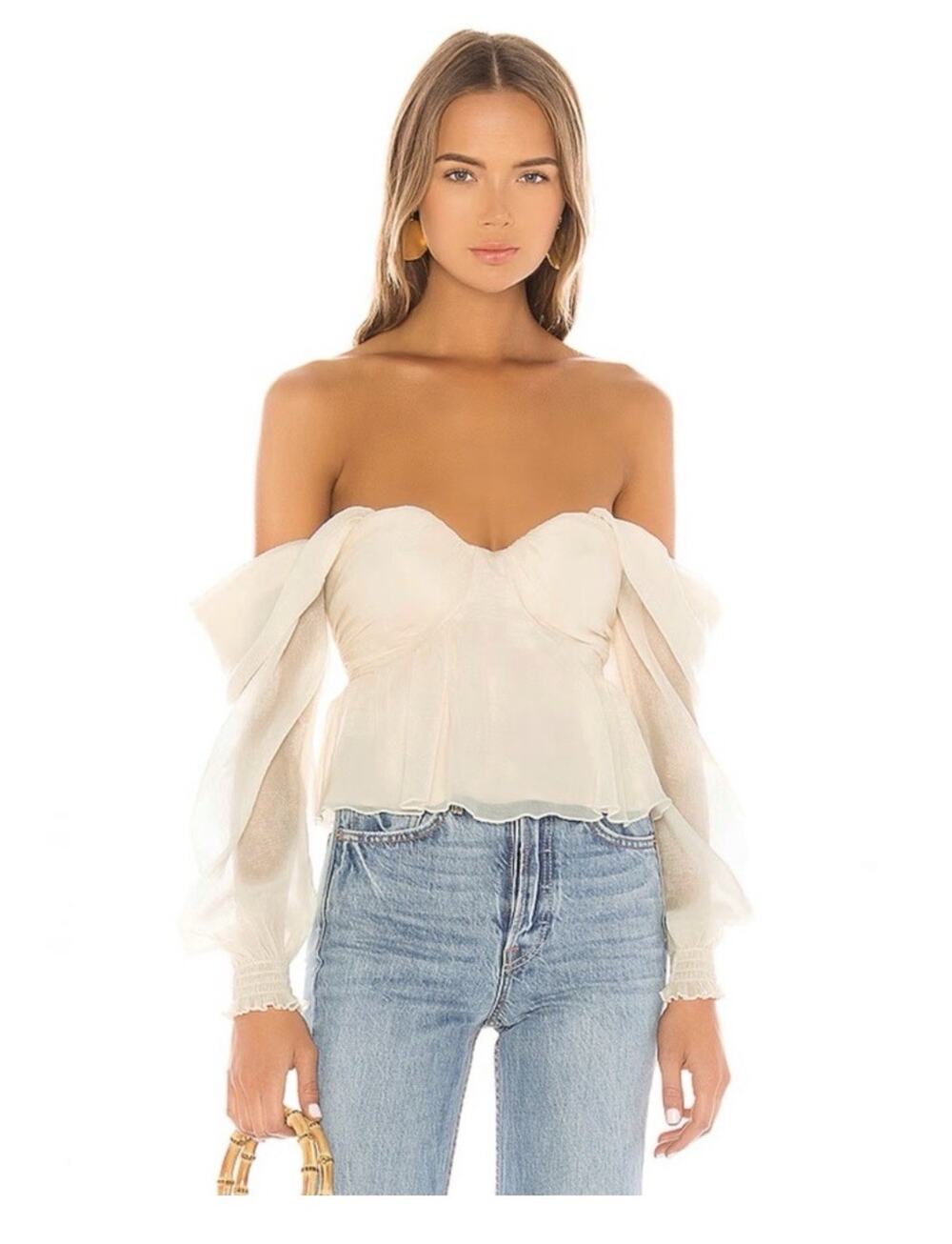 House of Harlow x REVOLVE Burna Blouse Cream Off Shoulder Crinkle Chiffon S
